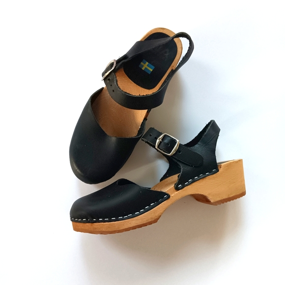 Free People MIA Sofia Mary Jane Black Leather Swedish Wooden Clogs Size 38 | 7 - Picture 1 of 10